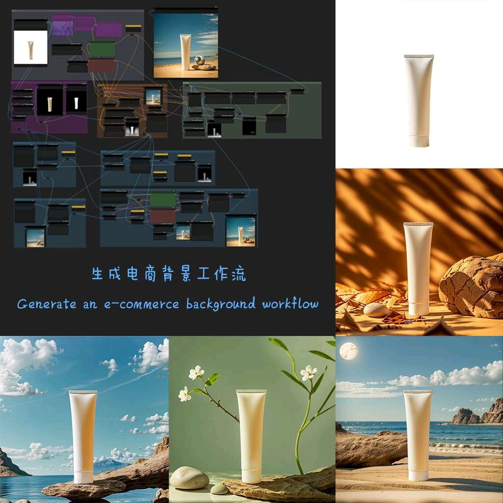 ComfyUI 电商自动布光工作流与商品生成结果
